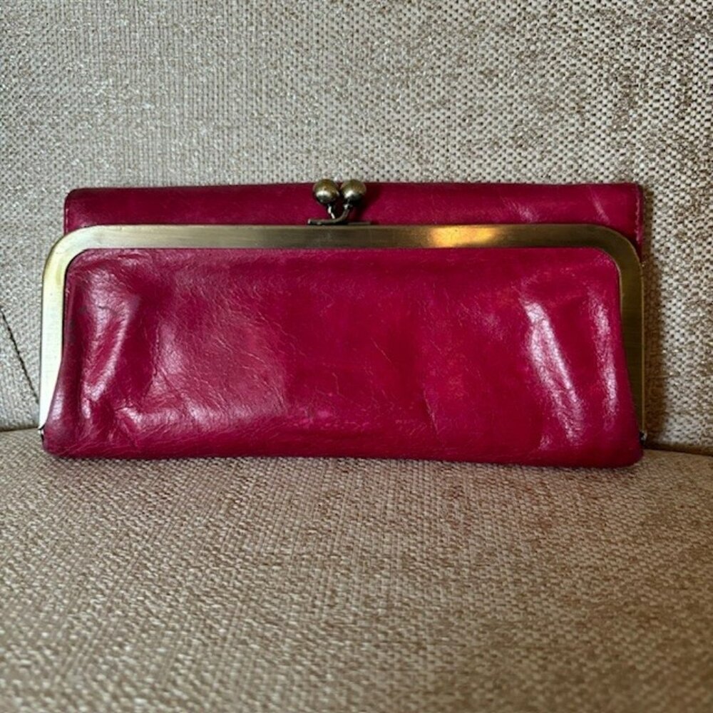 Hobo Pink Leather Kisslock Clutch Trifold Wallet with Paisley Lining